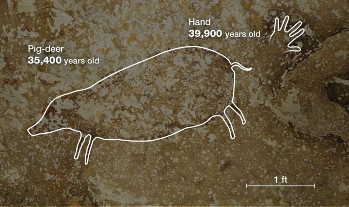 The oldest dated hand stencil in the world (upper right) and possibly the oldest figurative depiction in cave art—a female babirusa (a hoglike animal also called a pig-deer)—were found in Leang Timpuseng cave in Sulawesi, an island east of Borneo. NGM ART. SOURCE: M. AUBERT, ET AL., 2014, NATURE.